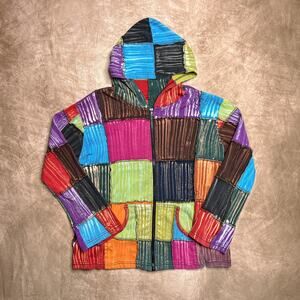 Vintage Y2K Patchwork Tie Dye Bleach Drip Zip Up Jacket Hoodie Multicolor Boho